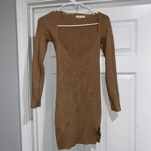 Camel, long sleeve ribbed mini dress, sweetheart neckline.